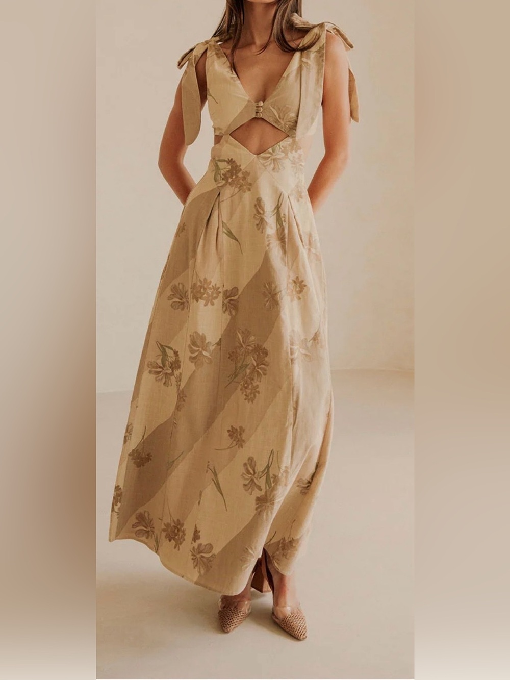 Sabo Skirt Beige Floral Maxi Dress with Bow Shoulders